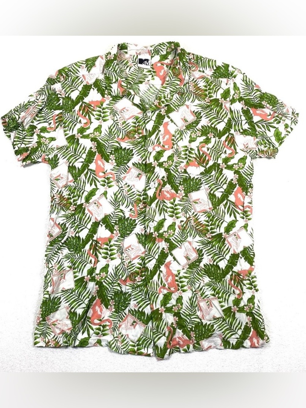 MTV Music Television Hawaiian Shirt Tropical Flamingo Floral Button Up No Size